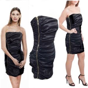 Calvin Klein 2 Black Mini Dress Strapless Ruched Gold Exposed Zipper Taffeta